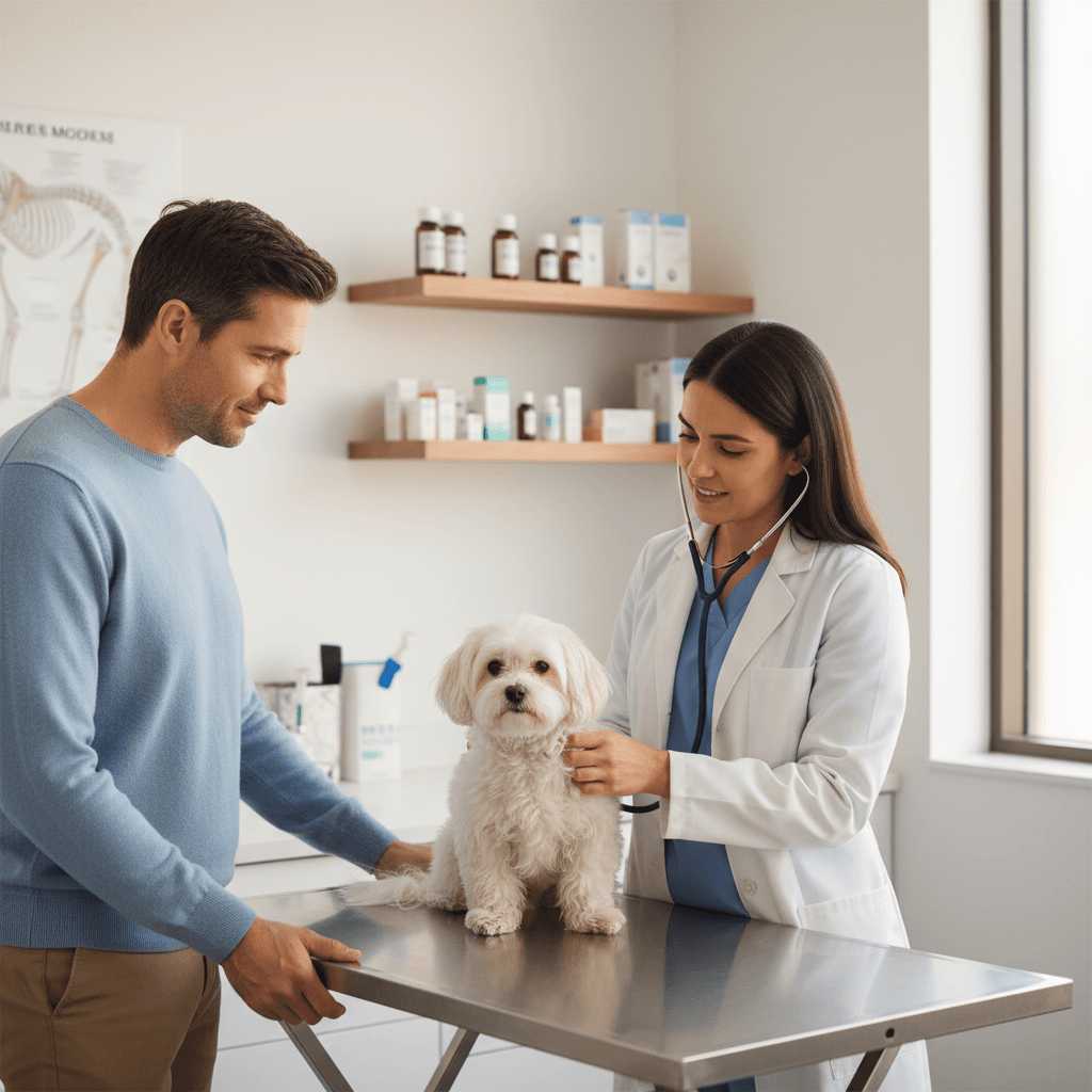 veterinarian examining dog during medical consultation in modern clinic