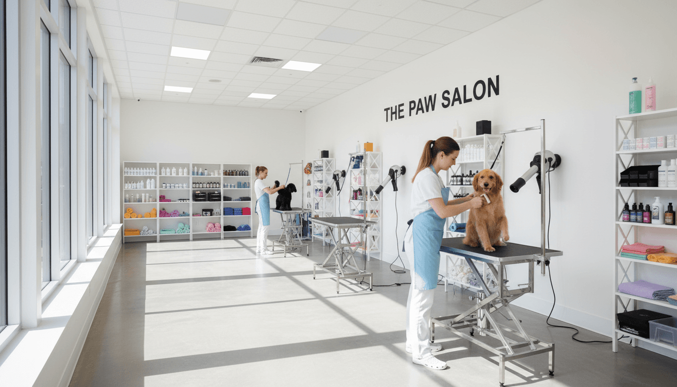 professional pet grooming station with clean modern facilities